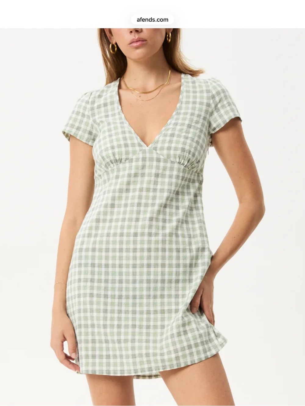 Afends Sage Green Gingham V-Neck Mini Dress